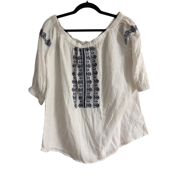 beachlunchlounge collection Tops - Beachlunchlounge White Cotton Gauze Embroidered Peasant Blouse XL Boho Top